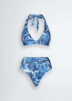 Bikini top e slip a vita alta effetto denim