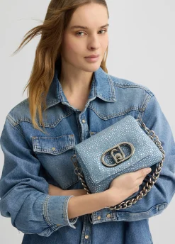 Borsa LaPuffy piccola in denim con strass