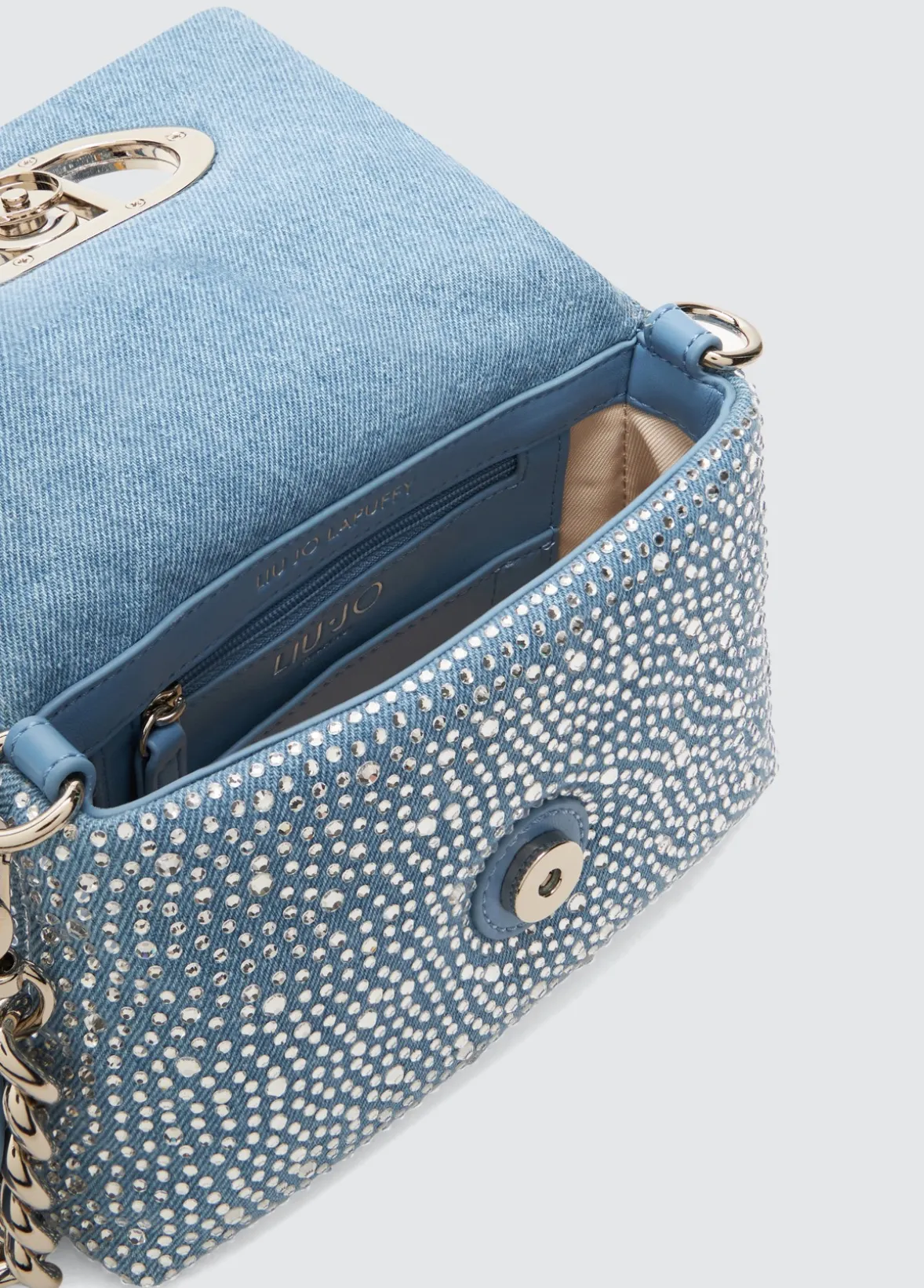 Borsa LaPuffy piccola in denim con strass