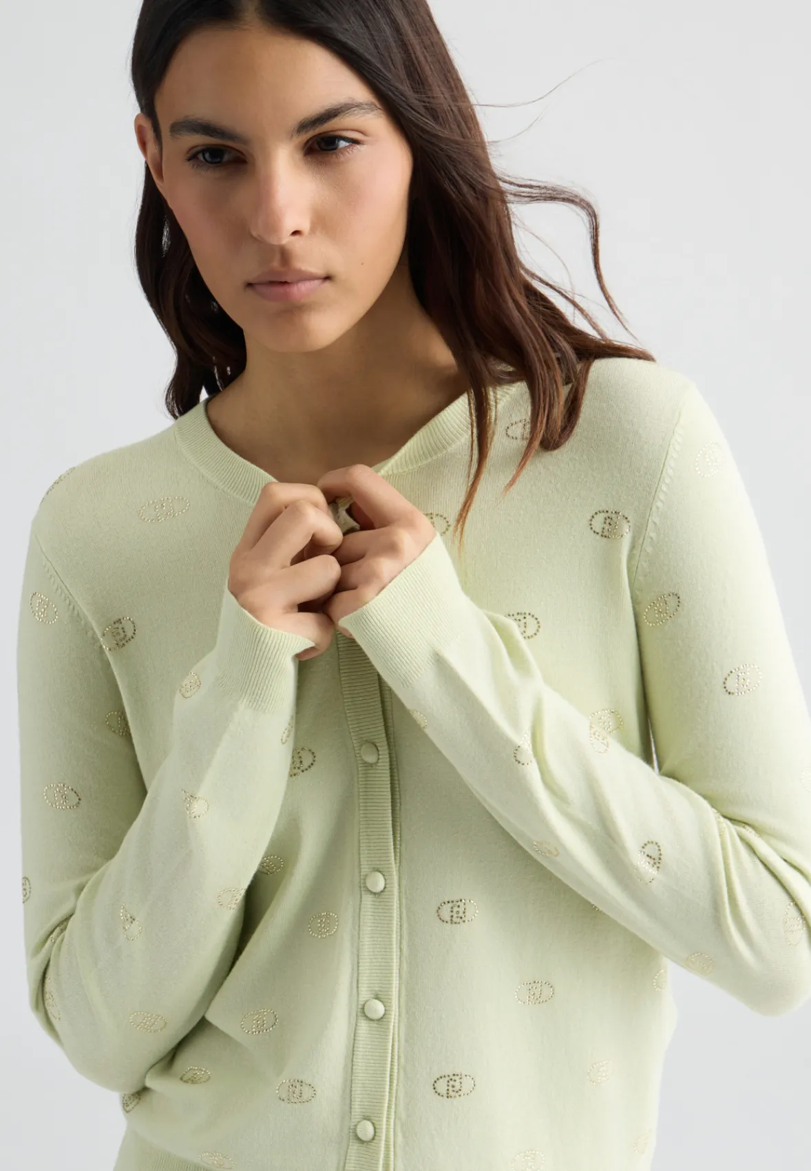 Cardigan con logo e strass
