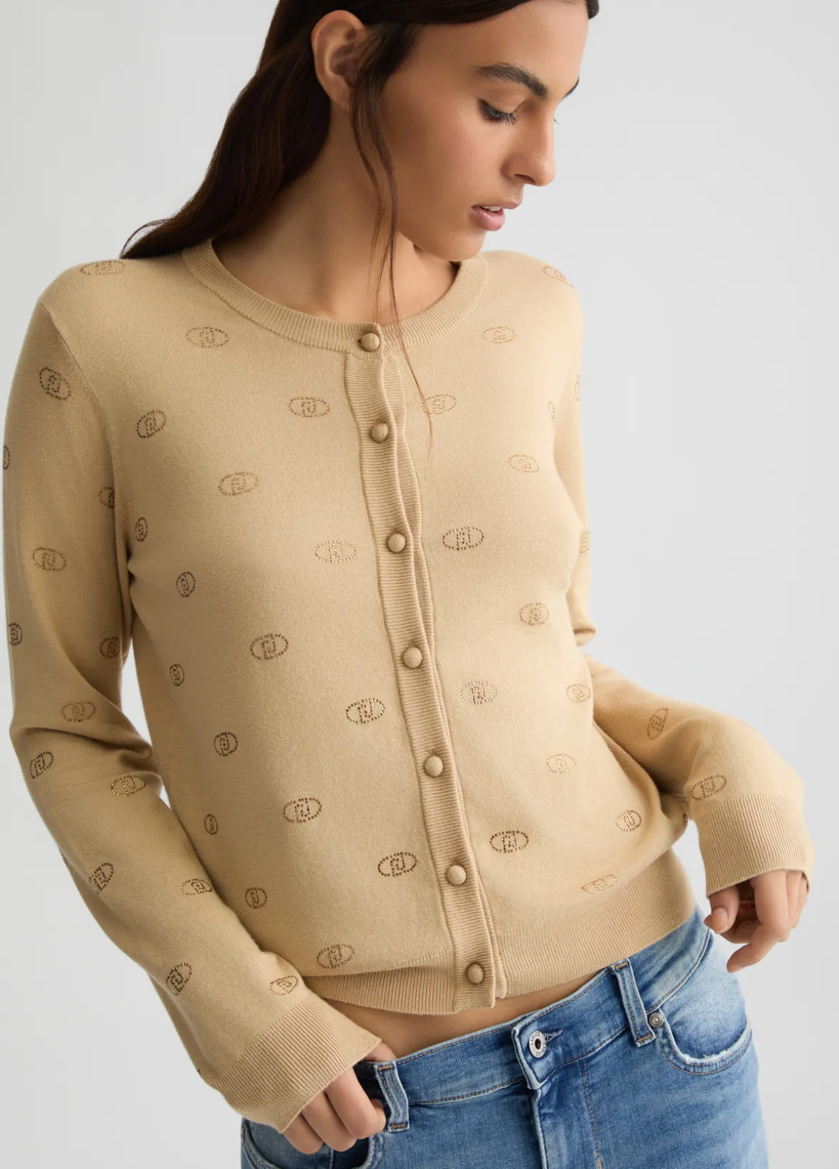 Cardigan con logo e strass