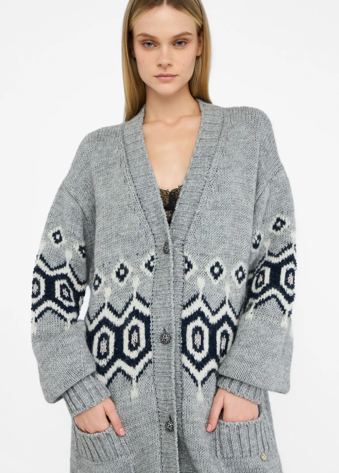 Cardigan in alpaca e lana jacquard