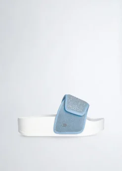 Ciabatte platform in denim con strass