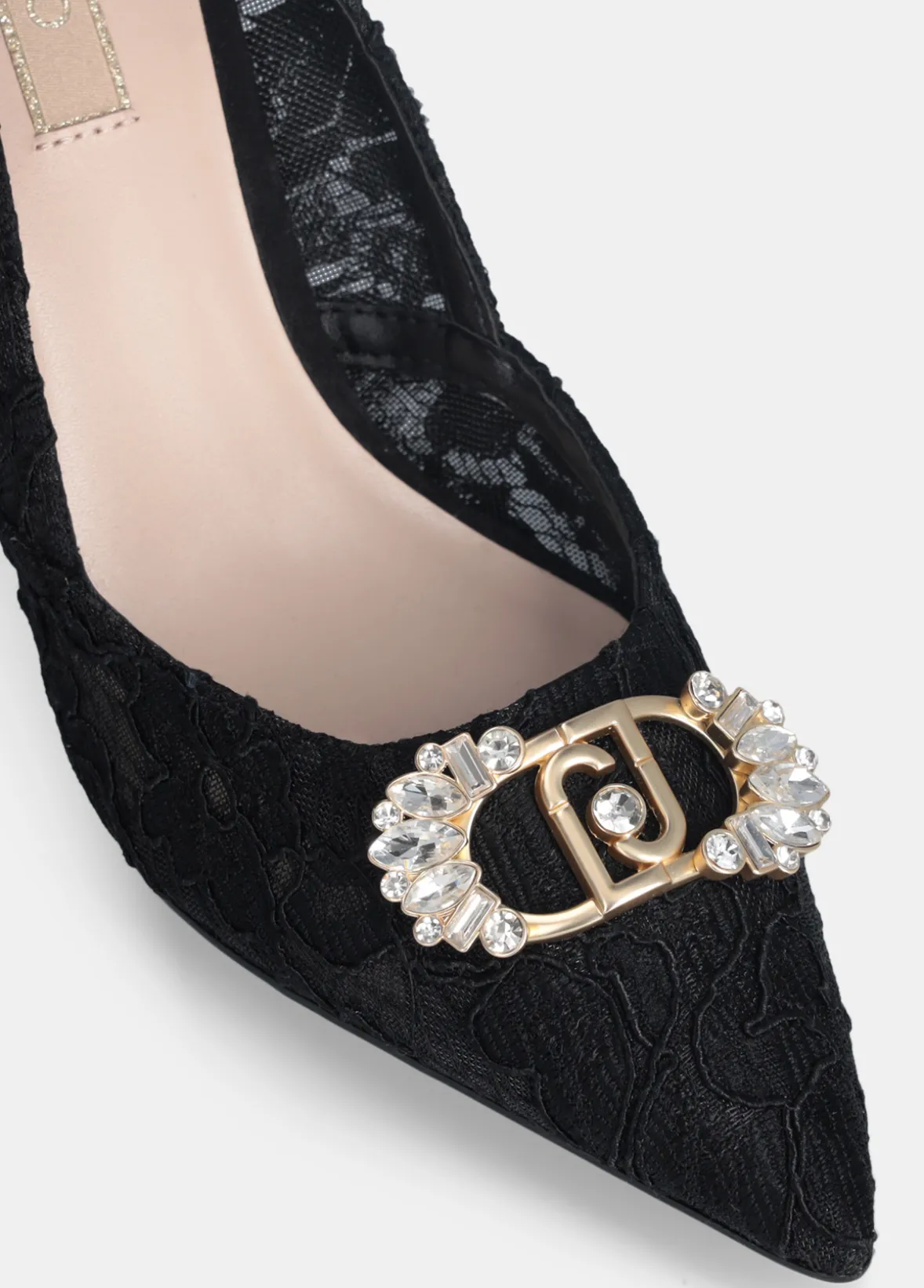 Décolleté in pizzo con logo gioiello