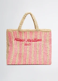 Shopping bag media in rafia a righe