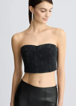 Top in denim con strass
