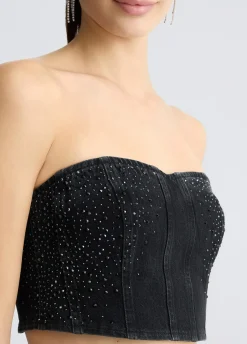 Top in denim con strass
