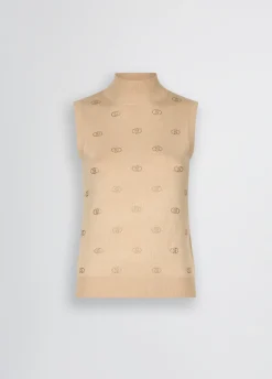 Top in maglia con logo e strass