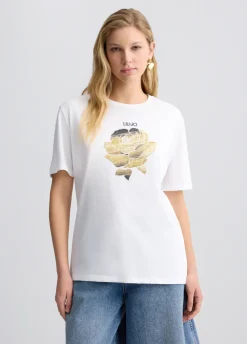 T-shirt con fiore e strass