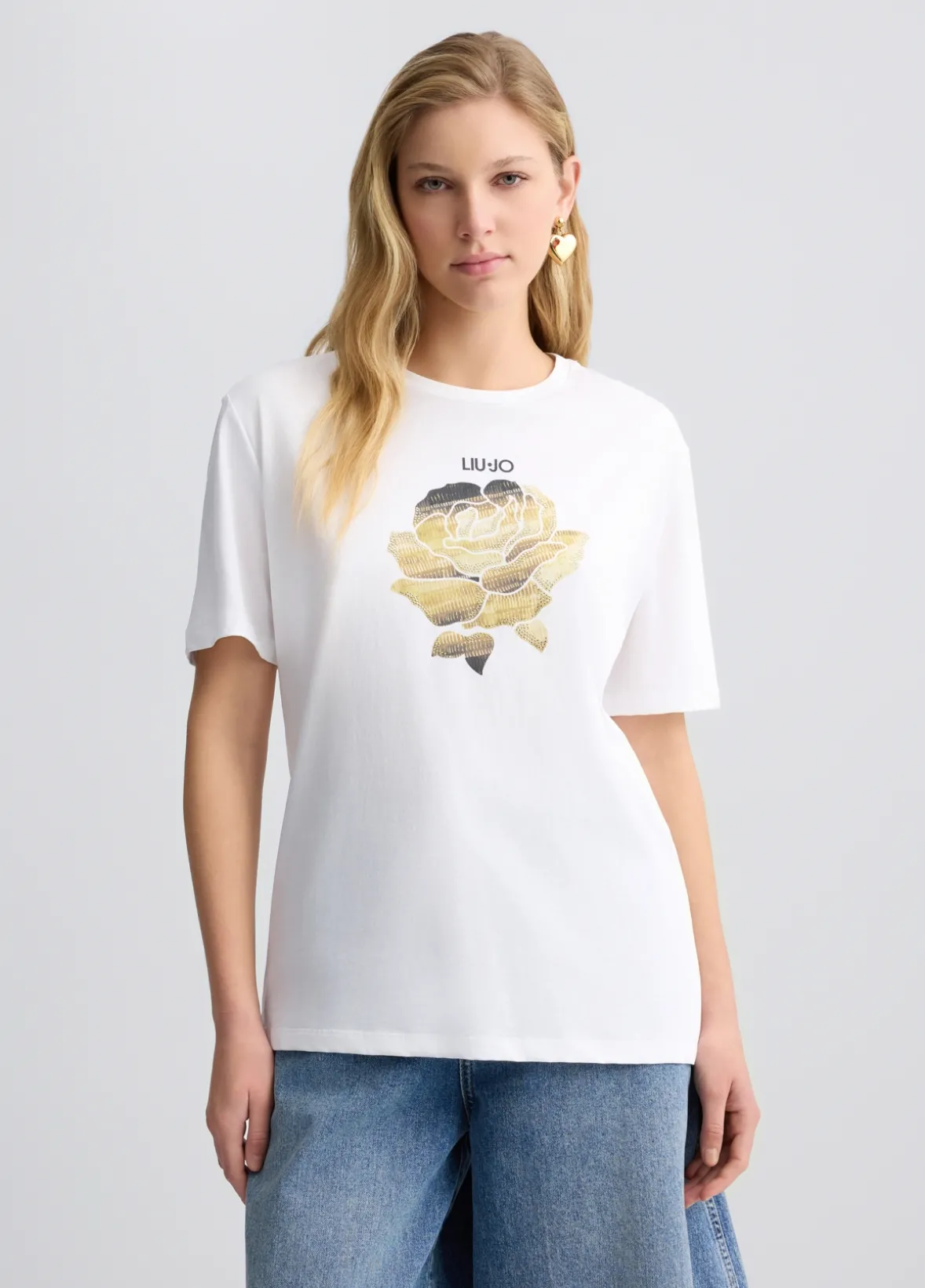 T-shirt con fiore e strass