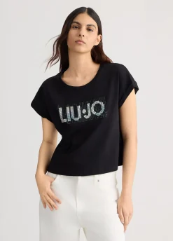 T-shirt con logo e strass