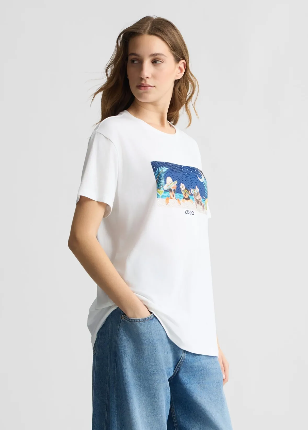 T-shirt con stampa e strass