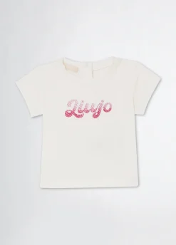 T-shirt in cotone con logo e strass