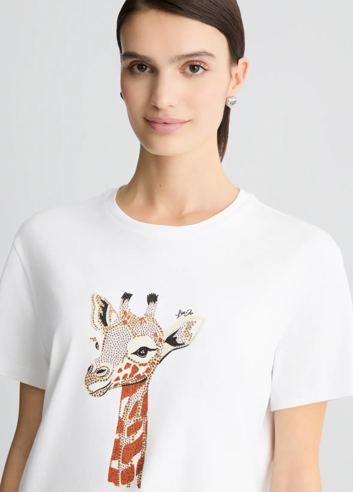 T-shirt in cotone con stampa e strass