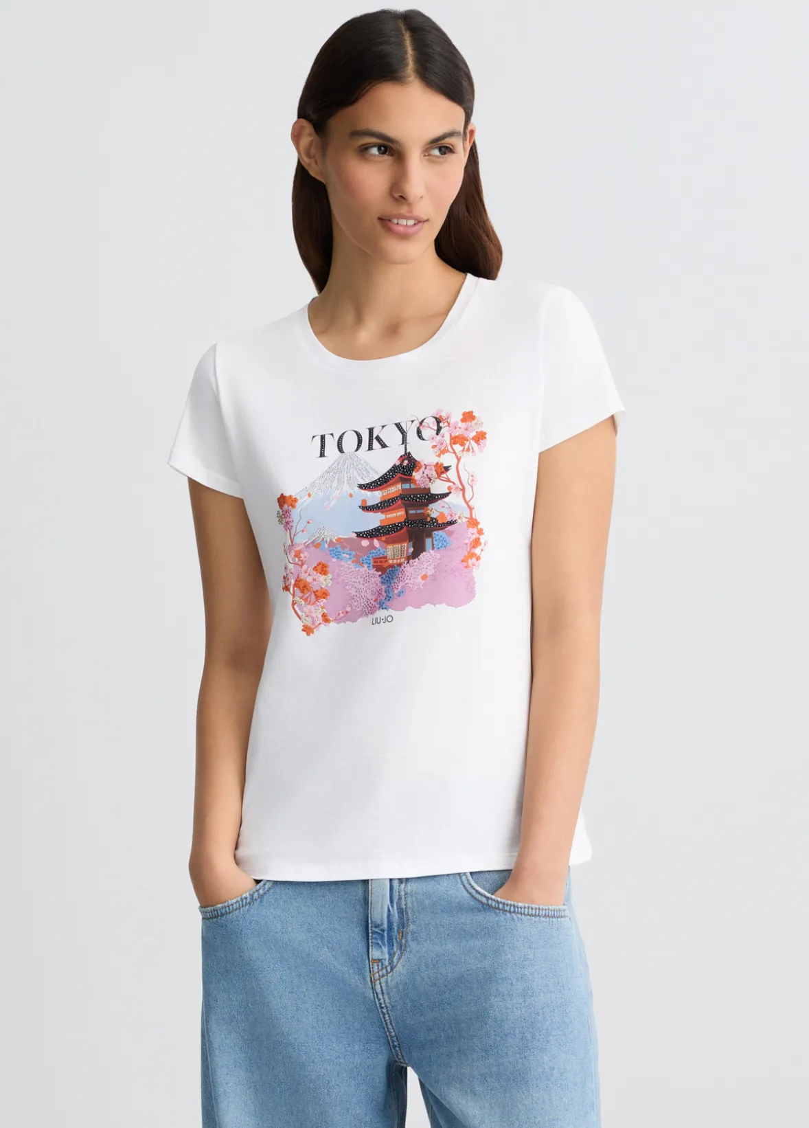 T-shirt in cotone con stampa e strass