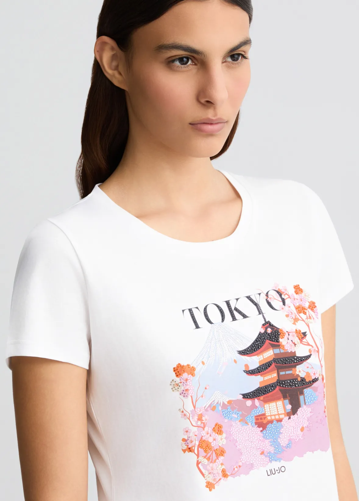 T-shirt in cotone con stampa e strass