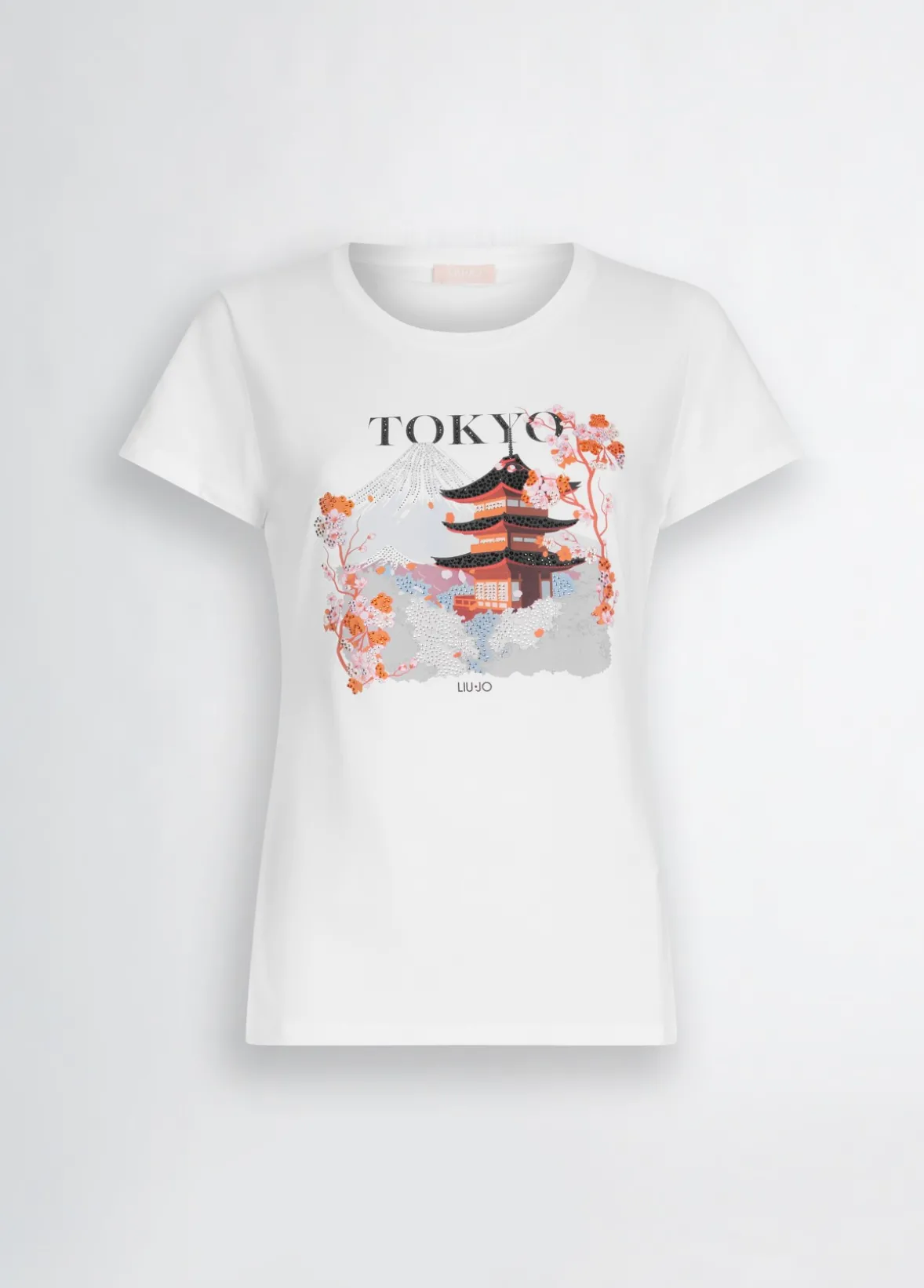 T-shirt in cotone con stampa e strass