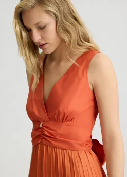 Vestito midi in popeline e raso plissé